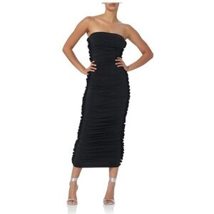 AFRM Eterna Strapless Gathered Noir Black Ruched Midi Cocktail Dress Large
